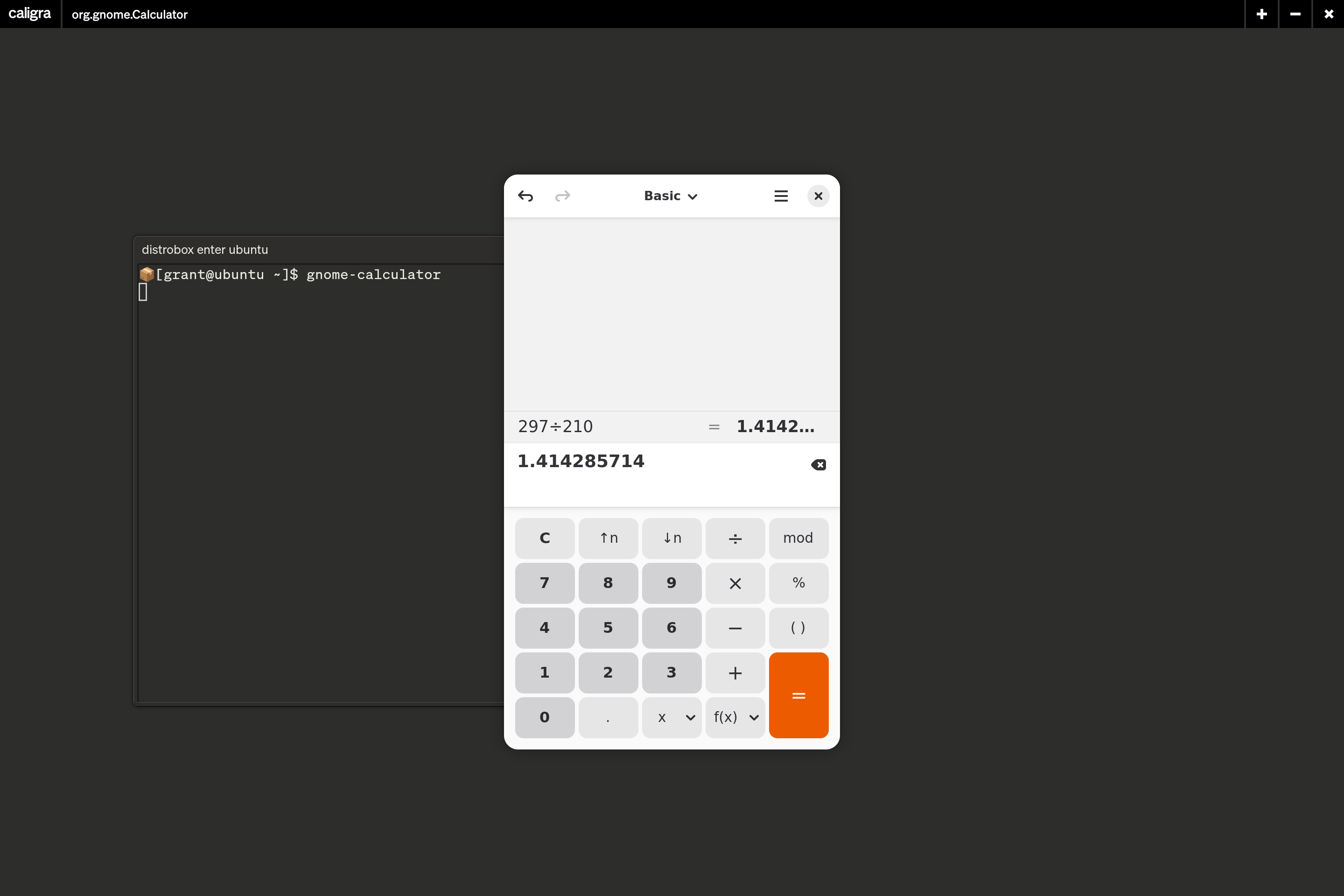 GNOME Calculator from Ubuntu running in Caligra Workbench.